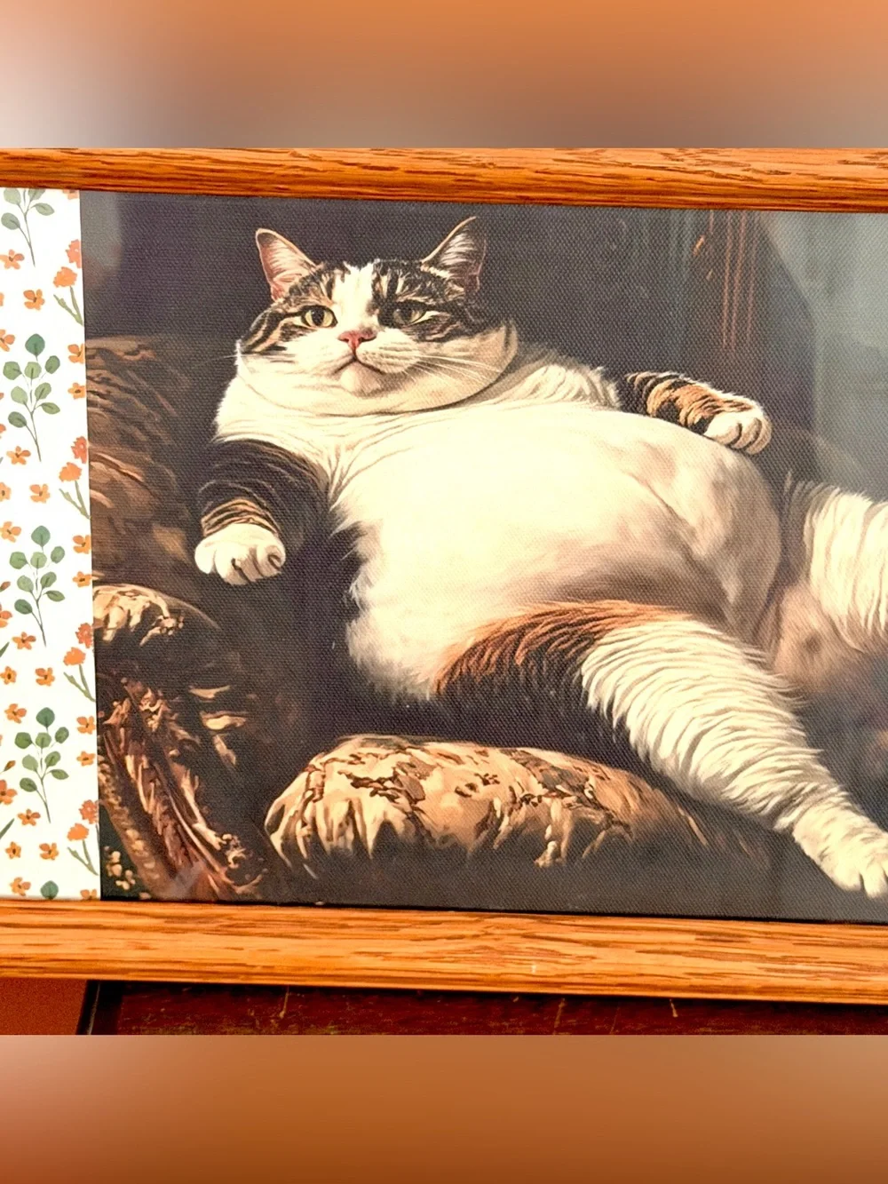 Fat Cat Quirky Canvas Art Print Floral Border Wood Framed Weird Wall Hang Art